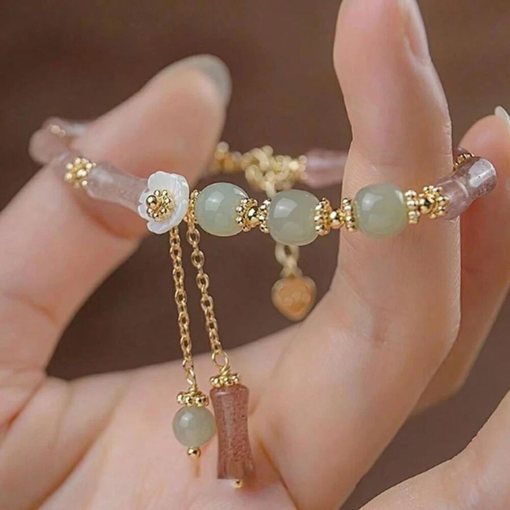 Lotus Flower Purple Green Beaded Bracelet Gemstone Charm Adjstble Tassel Boho